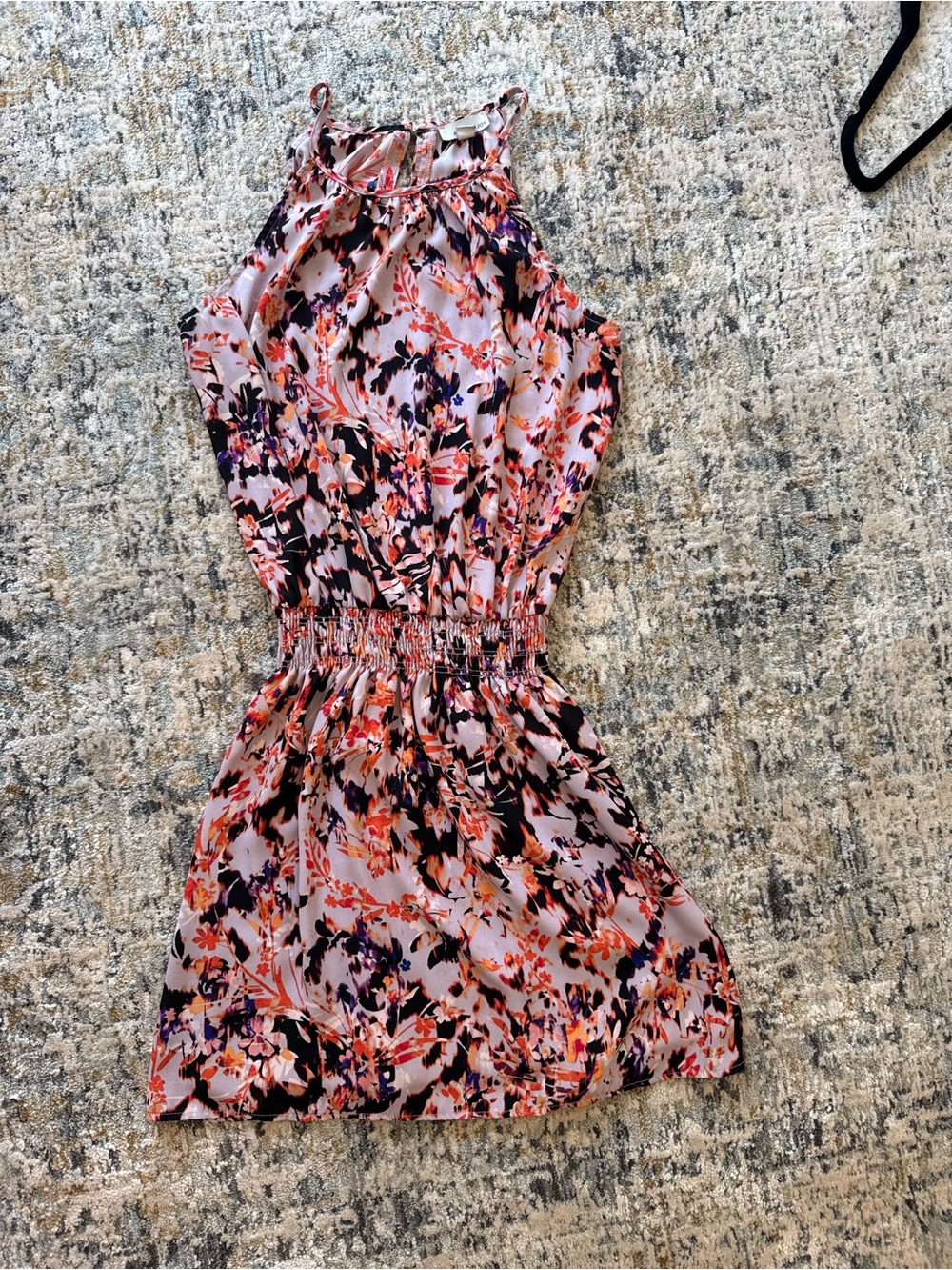 Allison Joy Pink Floral Halter Romper with Black and Purple Accents